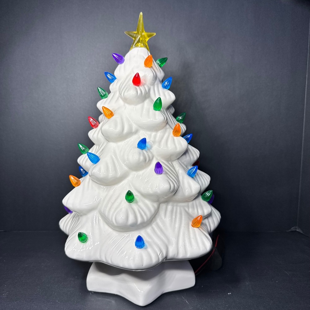 Mr. Christmas White Ceramic Nostalgic Tree 14 Inch Multi-Color LED Lights Timer